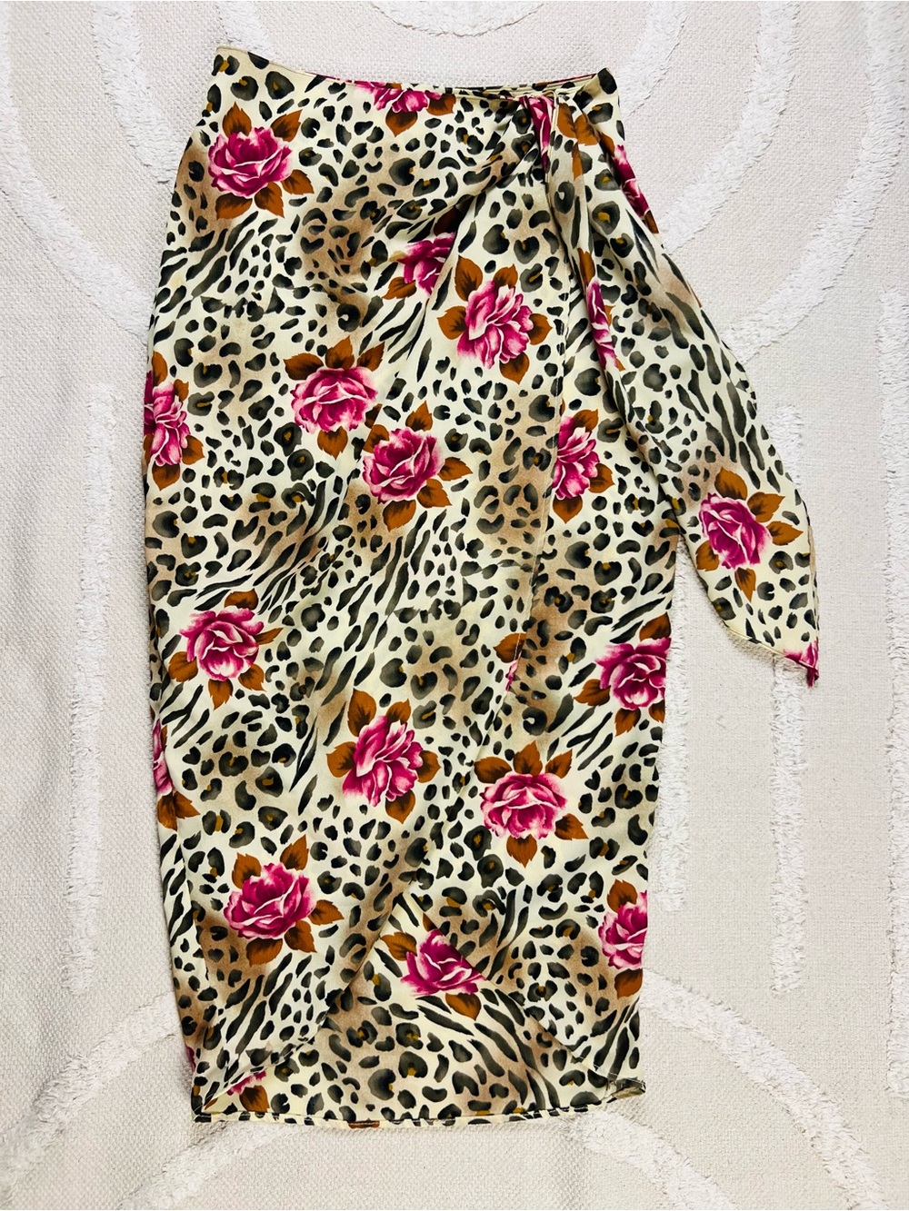 Vintage Floral Leopard Wrap Midi Skirt – Asymmetrical Animal Print Skirt – XS/S